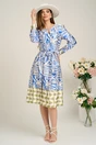 Rochie midi office bej de zi cu imprimeu albastru, 4, dyfashion.ro