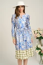 Rochie midi office bej de zi cu imprimeu albastru, 1, dyfashion.ro