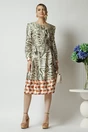 Rochie midi office bej de zi cu imprimeu verde