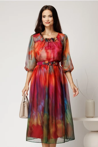 Rochie midi orange din voal cu imprimeuri magenta si cordon cu flori in talie