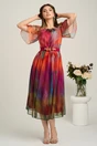 Rochie midi orange din voal in clos cu imprimeuri fucsia si cordon in talie- Viada, 1, dyfashion.ro