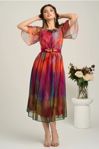 Rochie midi orange din voal in clos cu imprimeuri fucsia si cordon in talie- Viada