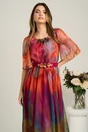 Rochie midi orange din voal in clos cu imprimeuri fucsia si cordon in talie- Viada, 4, dyfashion.ro
