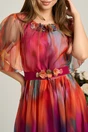 Rochie midi orange din voal in clos cu imprimeuri fucsia si cordon in talie- Viada, 3, dyfashion.ro