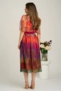 Rochie midi orange din voal in clos cu imprimeuri fucsia si cordon in talie- Viada, 2, dyfashion.ro