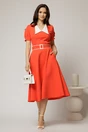 Rochie midi oranj corai cu guler alb in contrast si cordon cu insertii, 3, dyfashion.ro