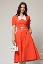 Rochie midi oranj corai cu guler alb in contrast si cordon cu insertii, 1, dyfashion.ro