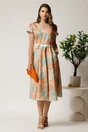 Rochie midi portocalie din bumbac in clos cu imprimeu geometric turcoaz si cordon in talie, 3, dyfashion.ro