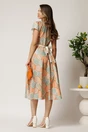Rochie midi portocalie din bumbac in clos cu imprimeu geometric turcoaz si cordon in talie, 2, dyfashion.ro