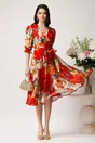 Rochie midi rosie cu trandafiri din voal in clos cu cordon in talie, 2, dyfashion.ro