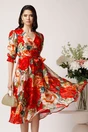 Rochie midi rosie cu trandafiri din voal in clos cu cordon in talie, 1, dyfashion.ro