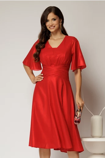 Rochie midi rosie de ocazie din voal cu sidef si decolteu in V