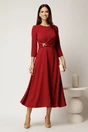 Rochie midi rosie din crep in clos cu fronseu si aplicatie metalica in talie, 3, dyfashion.ro