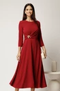 Rochie midi rosie din crep in clos cu fronseu si aplicatie metalica in talie, 1, dyfashion.ro