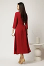 Rochie midi rosie din crep in clos cu fronseu si aplicatie metalica in talie, 2, dyfashion.ro