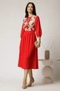 Rochie midi rosie din triplu voal in clos cu bust bej din dantela, 3, dyfashion.ro