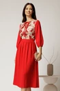Rochie midi rosie din triplu voal in clos cu bust bej din dantela, 1, dyfashion.ro