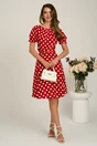 Rochie midi rosie din viscoza in clos cu buline mari si curea in talie, 4, dyfashion.ro