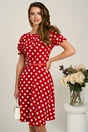 Rochie midi rosie din viscoza in clos cu buline mari si curea in talie, 1, dyfashion.ro