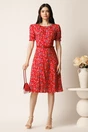 Rochie midi rosie din viscoza in clos cu imprimeuri si curea in talie, 3, dyfashion.ro