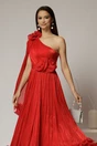 Rochie midi rosie din voal satinat cu volanase la baza si flori in talie si pe umar, 3, dyfashion.ro