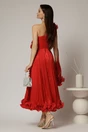 Rochie midi rosie din voal satinat cu volanase la baza si flori in talie si pe umar, 2, dyfashion.ro