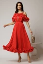 Rochie midi rosie in clos din voal satinat cu volanase la bust si la baza, 3, dyfashion.ro