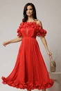 Rochie midi rosie in clos din voal satinat cu volanase la bust si la baza, 1, dyfashion.ro