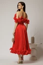 Rochie midi rosie in clos din voal satinat cu volanase la bust si la baza, 2, dyfashion.ro