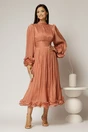 Rochie midi roz coniac de ocazie din voal peliculizat cu maneci ample cu volanase, 3, dyfashion.ro