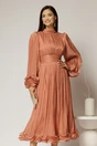 Rochie midi roz coniac de ocazie din voal peliculizat cu maneci ample cu volanase, 1, dyfashion.ro