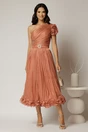 Rochie midi roz coniac din voal peliculizat cu volanase pe fusta, 3, dyfashion.ro