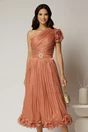 Rochie midi roz coniac din voal peliculizat cu volanase pe fusta, 1, dyfashion.ro
