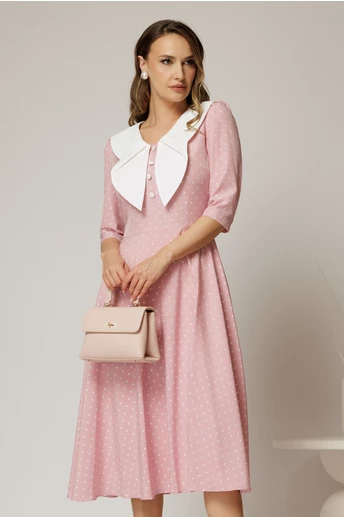 Rochie midi roz cu buline si guler amplu croi clos