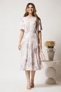 Rochie midi roz cu flori turcoaz din viscoza in clos cu pliuri pe bust, 3, dyfashion.ro