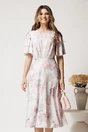 Rochie midi roz cu flori turcoaz din viscoza in clos cu pliuri pe bust, 1, dyfashion.ro