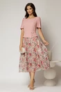Rochie midi roz cu fusta din voal cu imprimeuri si decolteu rotund, 3, dyfashion.ro