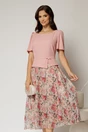 Rochie midi roz cu fusta din voal cu imprimeuri si decolteu rotund, 1, dyfashion.ro