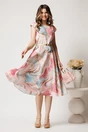 Rochie midi roz cu imprimeu bleu in clos cu buzunare si curea in talie, 3, dyfashion.ro