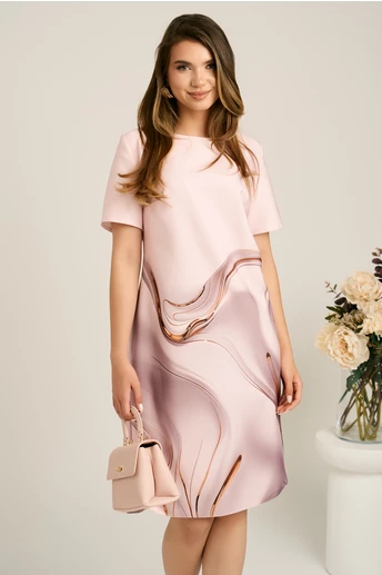 Rochie midi roz cu imprimeu maro din stofa cu croi drept