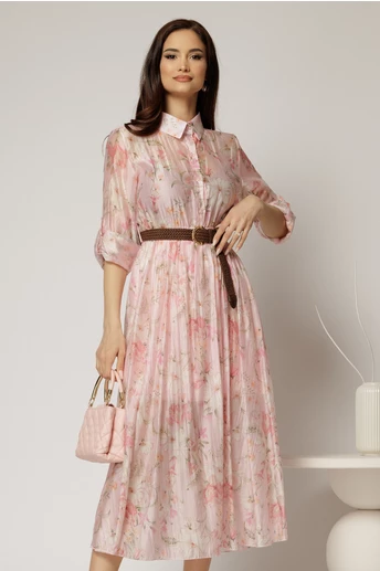 Rochie midi roz cu imprimeuri din tencel