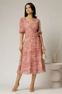 Rochie midi roz cu imprimeuri din voal creponat si decolteu in V, 3, dyfashion.ro