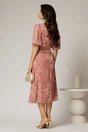 Rochie midi roz cu imprimeuri din voal creponat si decolteu in V, 2, dyfashion.ro