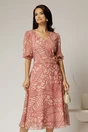 Rochie midi roz cu imprimeuri din voal creponat si decolteu in V, 1, dyfashion.ro