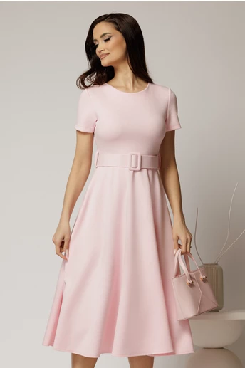 Rochie midi roz cu maneca scurta si curea in talie cu adaos de viscoza