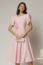 Rochie midi roz de ocazie cu aplicatie in talie cu margele si maneci decupate, 1, dyfashion.ro