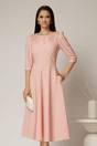 Rochie midi roz de ocazie cu nasturi pe bust si guler cu broderie si margele, 1, dyfashion.ro