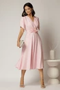 Rochie midi roz de ocazie cu pliuri pe bust si cordon detasabi cu flori, 3, dyfashion.ro