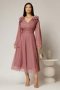 Rochie midi roz de ocazie din tull cu aplicatii la umeri si decolteu petrecut, 3, dyfashion.ro
