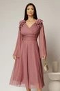 Rochie midi roz de ocazie din tull cu aplicatii la umeri si decolteu petrecut, 1, dyfashion.ro
